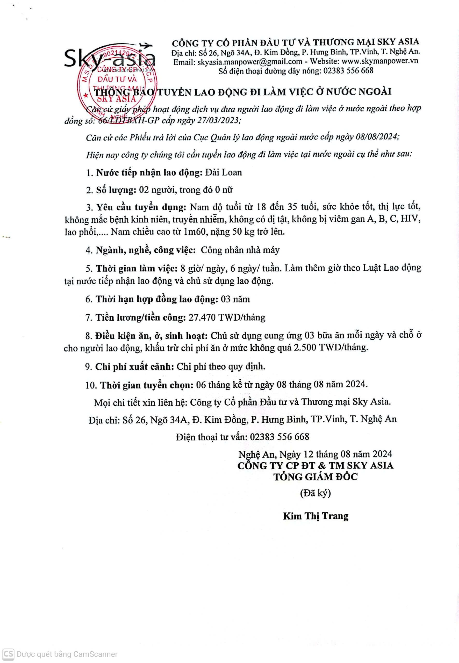 THÔNG BÁO TUYỂN LAO ĐỘNG LÀM VIỆC TẠI ĐÀI LOAN THÁNG 08/2024
